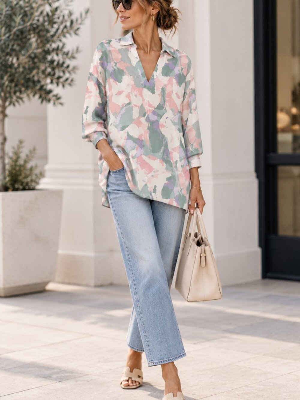 BOSS Hugo Boss Top Abstract Pastel Print Barry Shirt V Neck Blouse Oversized